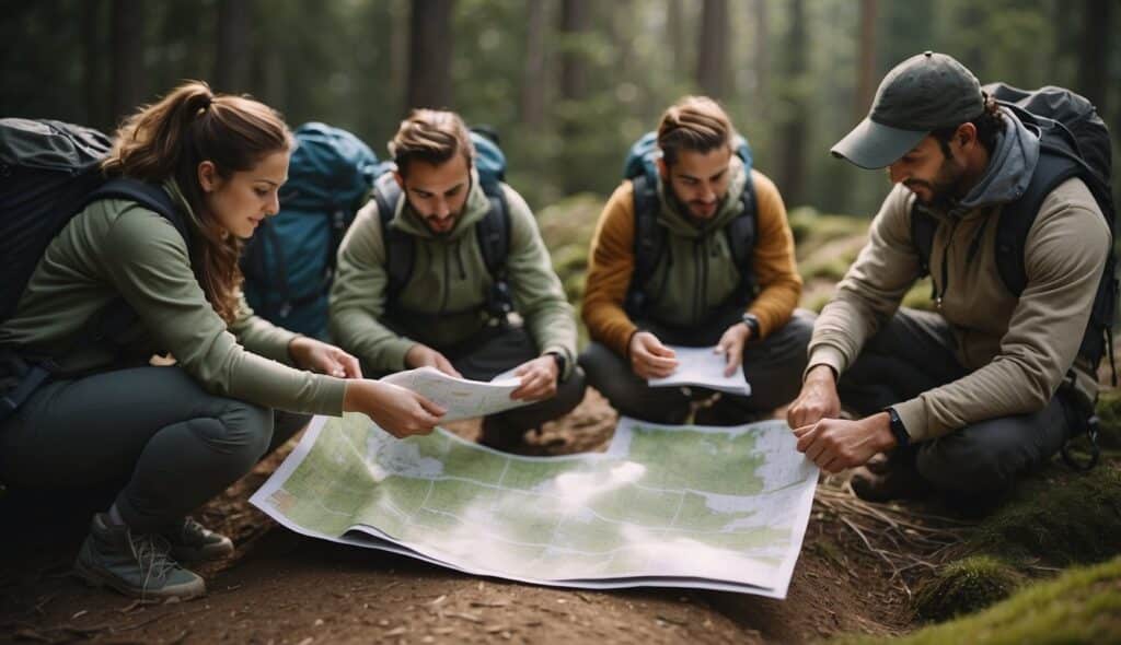 A group of hikers plan a successful hiking trip, checking maps and packing gear