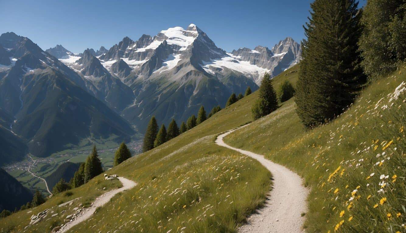 Hiking in the Alps: A winding mountain trail, surrounded by lush greenery and snow-capped peaks, with a clear blue sky overhead