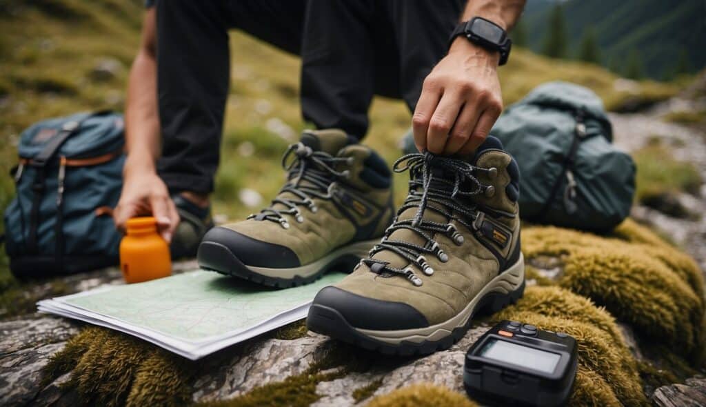 A hiker packs gear, checks map, and laces boots for Alpine trek