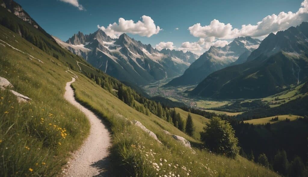 Hiking trail in the Alps, with towering mountains, lush green valleys, and a winding path leading through the breathtaking landscape