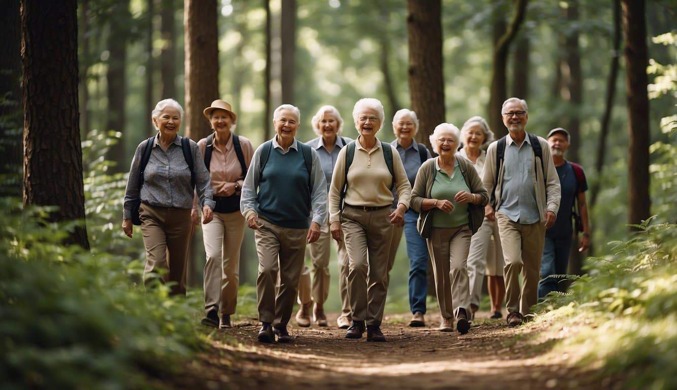 A group of seniors hiking through a peaceful forest, surrounded by tall trees, birds chirping, and a gentle breeze