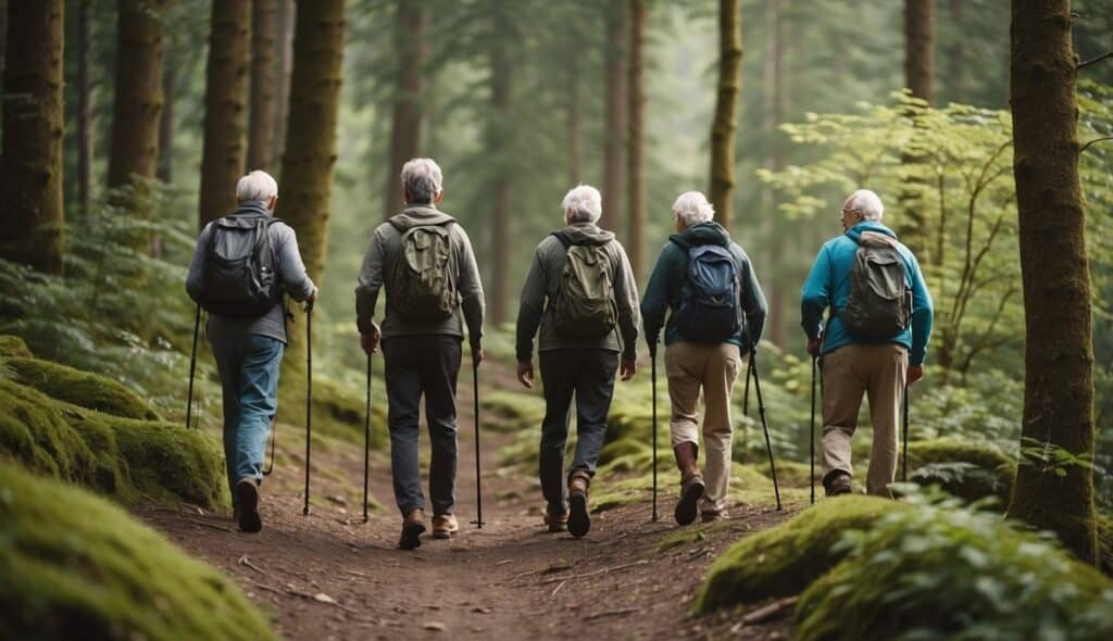 A group of seniors hiking through a scenic forest, using walking sticks and following a trail. They stop to rest and enjoy the view