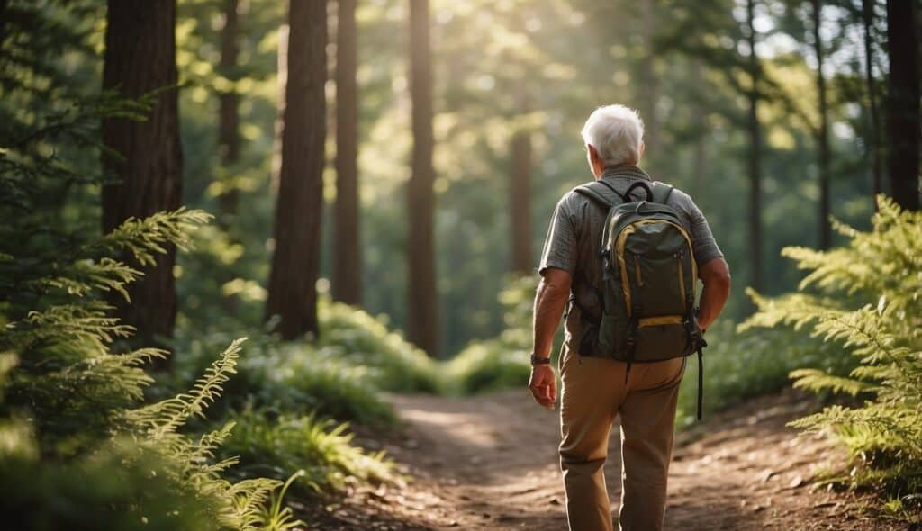 Elderly person hiking in nature, surrounded by trees and wildlife, enjoying the physical and mental health benefits of outdoor activity