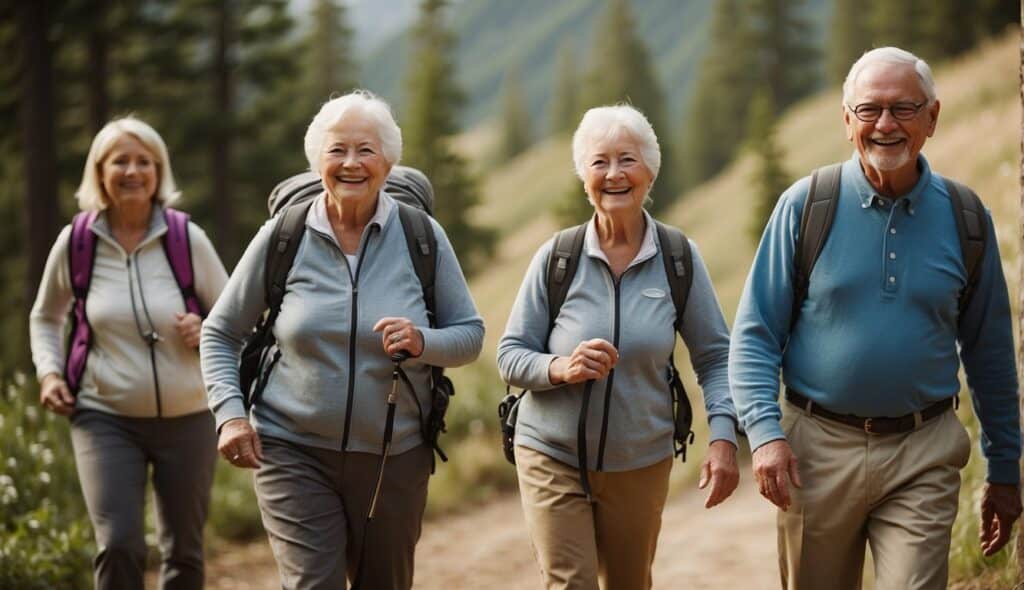 A group of seniors hiking together in a scenic community setting